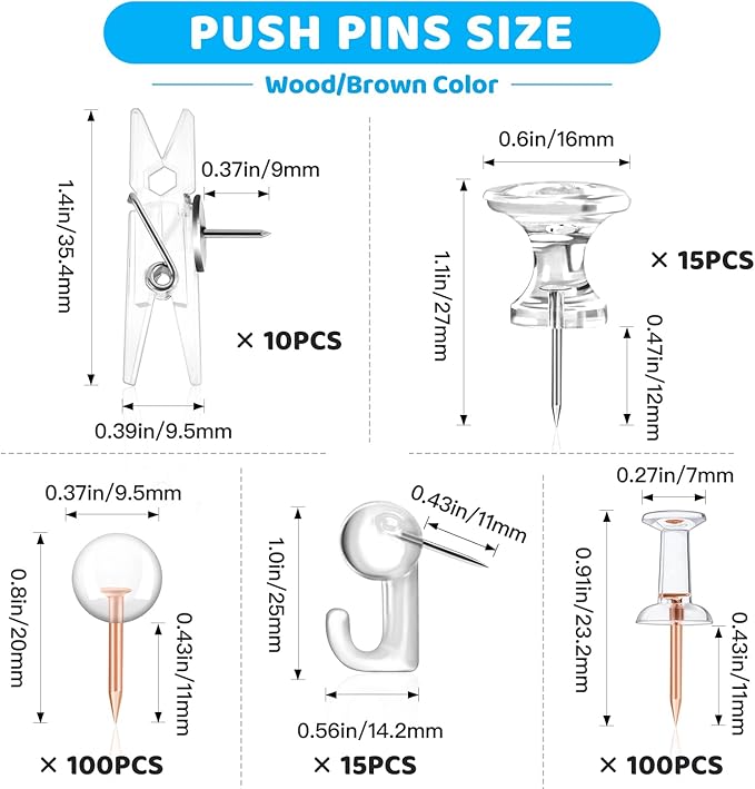 240Pcs Clear Thumb Tacks,5 Style Thumbtacks, Clear Plastic Push Pins for Cork Board, Bulletin Boards, Wall-DeskLoop Office