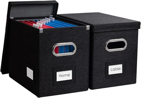 PRANDOM File Organizer Box - Set of 2 Collapsible Decorative Linen Filing Storage Hanging File Folders with Lids Office Cabinet Letter Size Black (14x9.3x10.8 inch)-DeskLoop Office