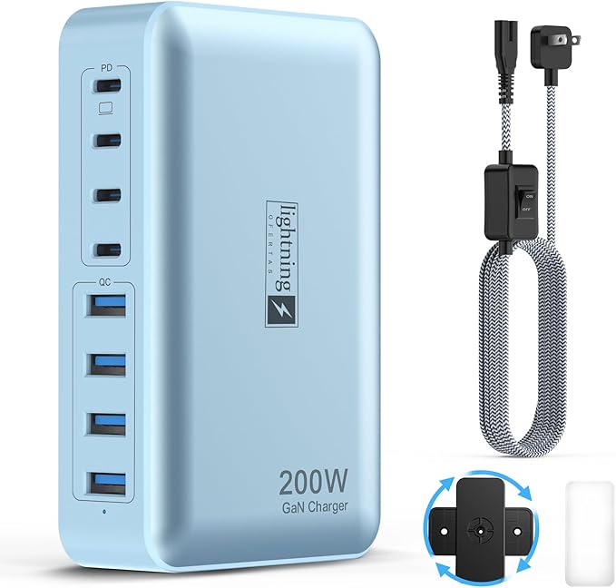 8-Port Multi Charging Stations 200W with Flat Plug, Braided Power Cord, and On/Off Switch- USB Charging Hub for iPhone, iPad, MacBook and More- 65W C Port Power Adapter for Laptops-DeskLoop Office