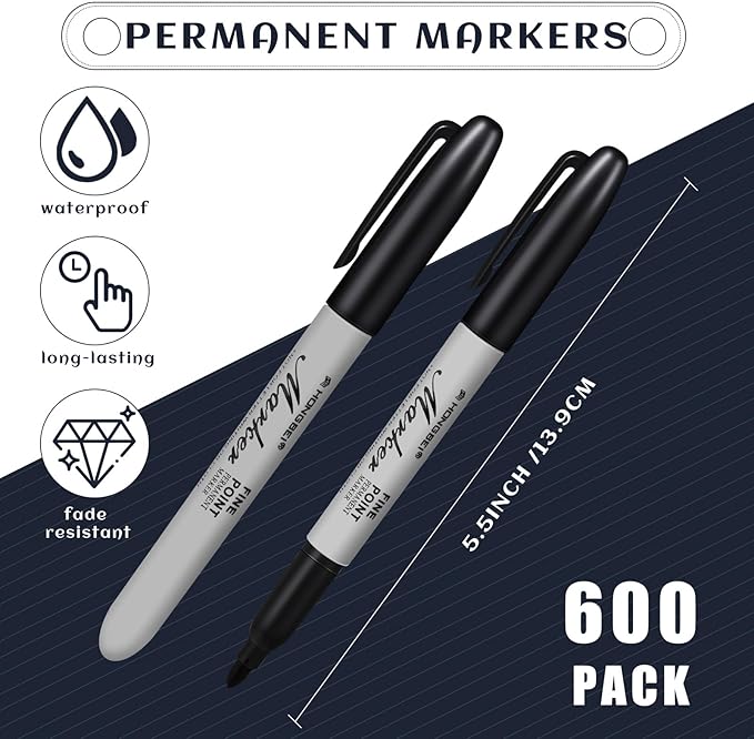 Thenshop 600 Pack Permanent Markers Bulk Black Permanent Marker Set Fine Point Pens Work on Wood, Metal, Stone, Glass-DeskLoop Office