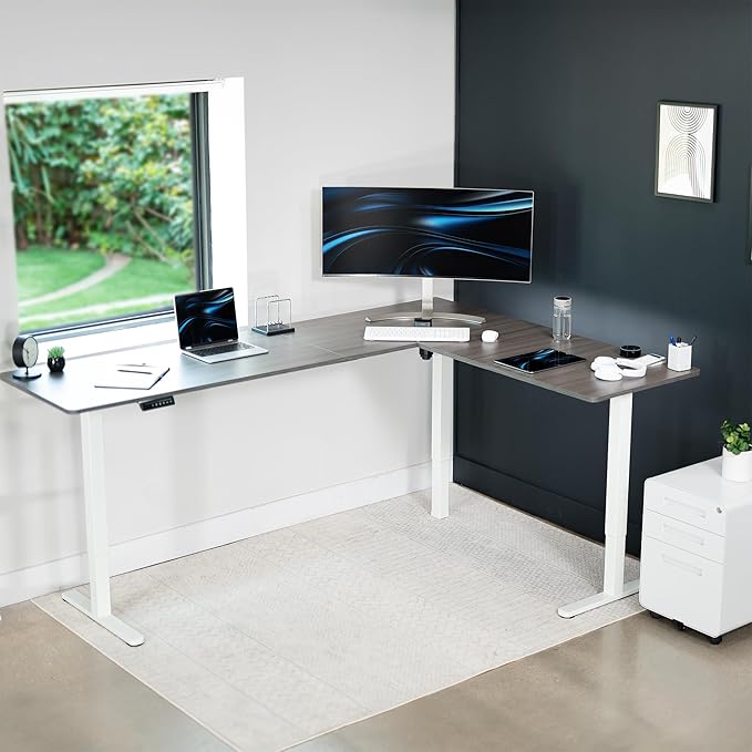 VIVO Electric Corner L-Shaped 84 x 63 in Standing Desk, Memory Height Adjustment, Dark Gray Top White Frame, DESK-E3CTWG-84-DeskLoop Office