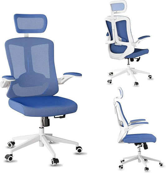 Home Office Chair,Ergonomic Big and Tall Office Desk Chair with Flip-up Arms/Headrest/Adjustable Lumbar Support/Tilt Function/450 lbs Heavy Duty Office Chair-Mesh (Blue)-DeskLoop Office