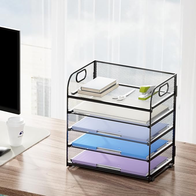 Marbrasse 5 Tier Paper Organizer Letter Tray, Mesh Desk File Organizer with Handle, Paper Sorter Desk Organizer for Home Office Supplies(Black)-DeskLoop Office