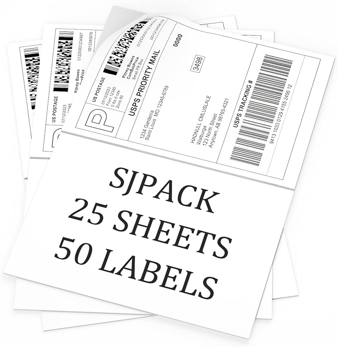 50 Half Sheet Self Adhesive Shipping Labels, 8.5" x 5.5" Address Labels for Laser & Inkjet Printers(50 labels-25 Sheet)-DeskLoop Office