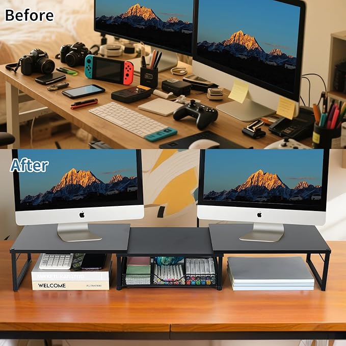 Dual Monitor Stand Riser, Desk Organizer with Drawer, Office Desk Organizers and Accessories, Office Workspace Organization, Computer Monitor Stand for Laptop, Printer (Black)-DeskLoop Office