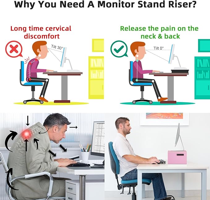 Marbrasse Monitor Stand Riser, 16.5 Inch 2 Tier Computer Printer Shelf Stand for Laptop Computer Screen Storage, Desktop Stand with Phone Holder and Cable Management (Pink)-DeskLoop Office