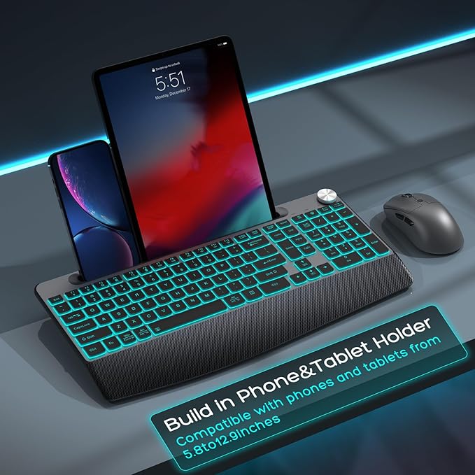 Backlit Keyboard and Mouse Combo, 7 Colors Wireless Keyboard Ergonomic with Wrist Rest and Volume Knob,Phone Holder,Rechargeable with Light Up Keyboard for Laptop, PC, Mac, Windows -Black-DeskLoop Office