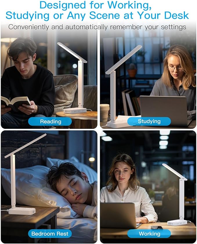 One Beat Desk Lamp with 6 Outlets 4 USB Ports(2×USB-C),Eye Protection Table Lamp Power Strip with 4 Color Modes 5 Brightness Touch LED Desk Lamps for Home Office College Dorm Room Essentials(White-DeskLoop Office