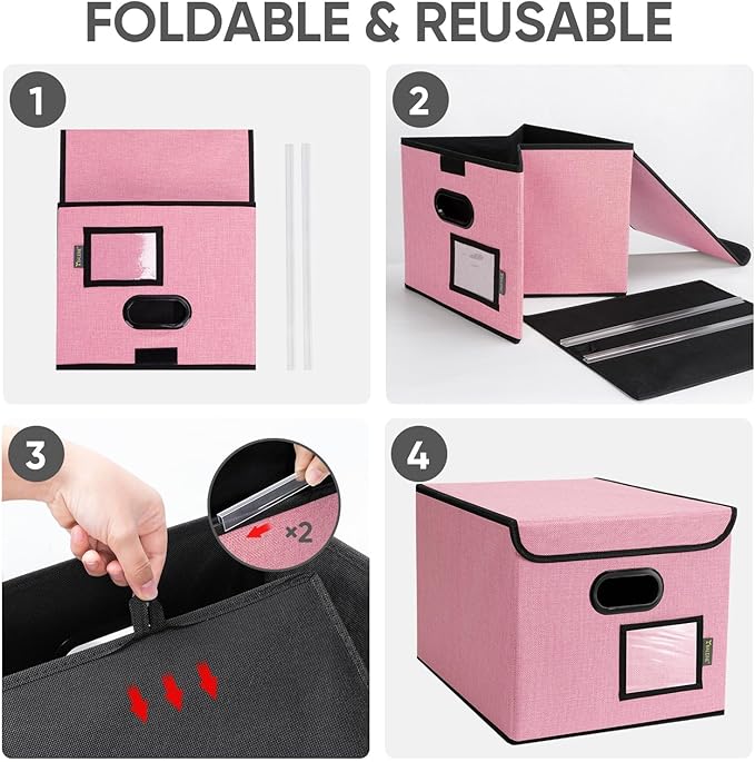 BALEINE File Organizer Box with Lid, Collapsible File Folder Organizer with Plastic Slide, Hanging File Folder Box for Office Document Storage (2 Pack, Pink)-DeskLoop Office