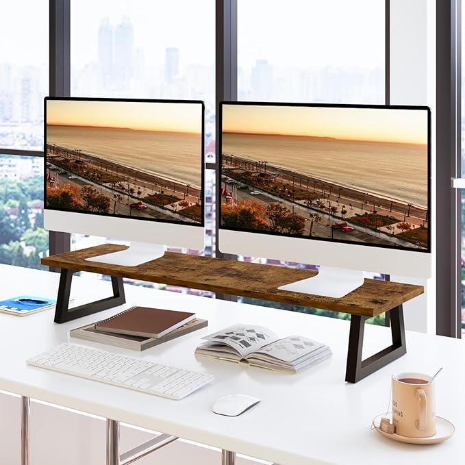 TEAMIX 31.5 inch Dual Monitor Riser for 2 Monitors, Long Monitor Stand Riser TV Stand Riser Monitor Stand for Desk Wood & Steel Desktop Riser Desk Organization Home Office-DeskLoop Office