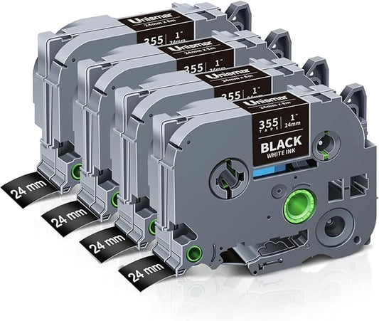 Unismar TZe-355 Compatible for Brother Ptouch 24mm 0.94 Laminated White on Black Label Tape TZ355 TZ Tape Work for PTD600 PT-P700 PT-2430PC PT-D600VP PT-D800W PT-P900W Label Maker, 1'' x 26.2', 4-Pack-DeskLoop Office