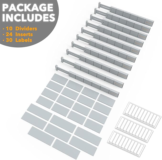 SpaceAid Bamboo Drawer Dividers with Inserts and Labels, Kitchen Adjustable Drawer Organizers, Expandable Organization for Home, Office, Dressers, 10 Dividers with 24 Inserts (17"-22" Gray)-DeskLoop Office