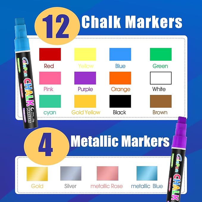 Window Chalk Markers for Cars Glass Washable, 16 Colors Jumbo Liquid Chalk Marker Pens with 10mm 3 in 1 Nib Wide Tips, Big Chalkboard Markers Car Window Paint Pens for Auto, Bistro, Mirror, Poster-DeskLoop Office
