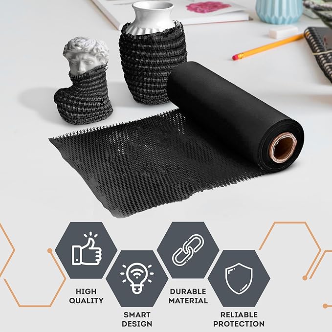 Black Honeycomb Packing Paper for Moving Breakables, 15 Inch x 100 Feet. Fragile Shipping Supplies. Perforated Packing Materials for Fragile Items. Moving Paper Wrap. Eco Friendly Packaging-DeskLoop Office
