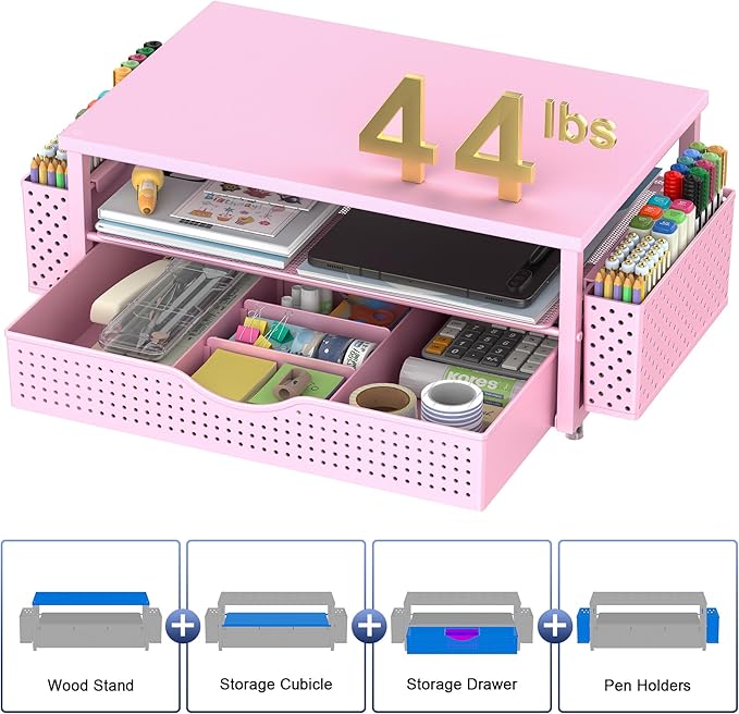 Desk Organizer and Accessories, Computer Monitor Stand Riser with Drawer and 2 Pen Holders, Office Desk Accessories & Workspace Organizers for Office Supplies (Pink)-DeskLoop Office