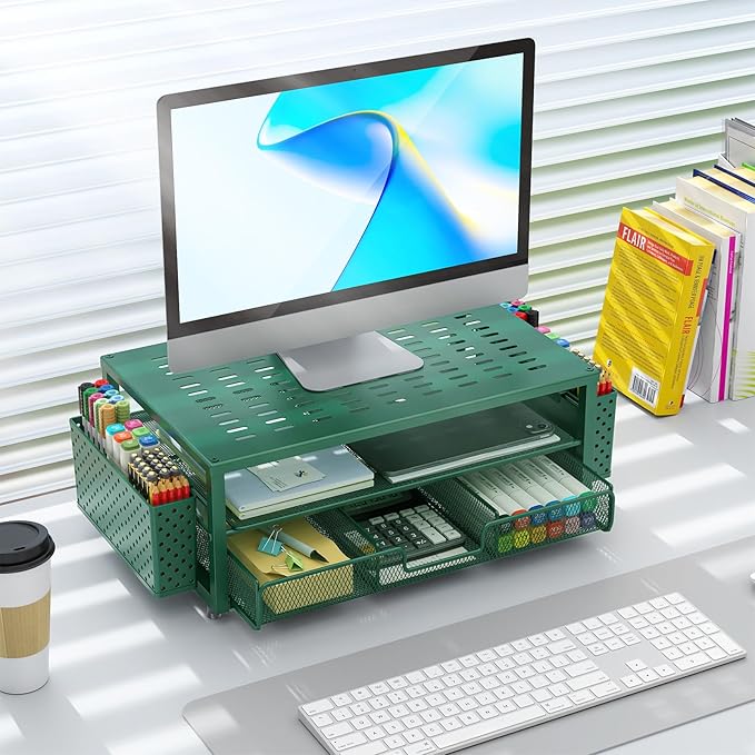 gianotter Desk Organizers and Accessories, Monitor Stand with Drawer and 2 Pen Holder, Desktop Organizer Suitable for Offices and Dormitories (Green)-DeskLoop Office