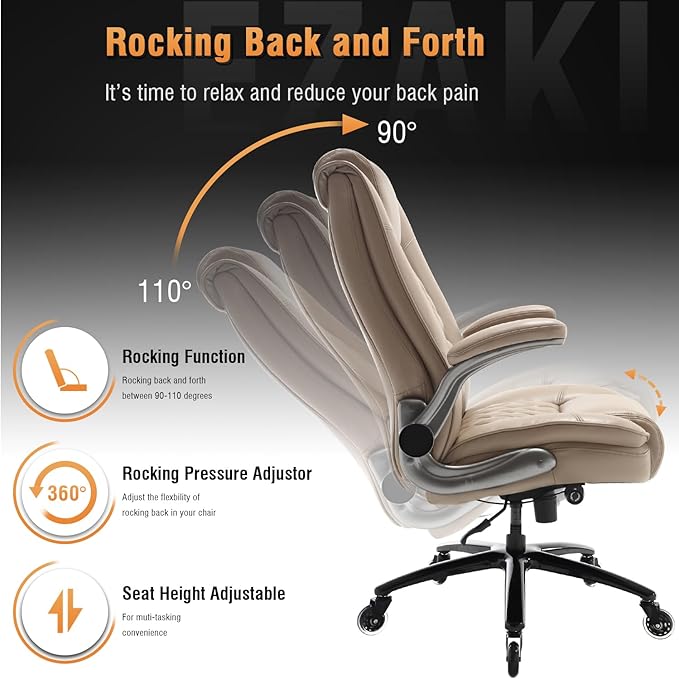 EZAKI High Back Office Chair-Flip-up Arms Executive Computer Desk Chair, Built-in Lumbar Support Thick Padded Adjustable Rock Tension Ergonomic Design for Back Pain-DeskLoop Office