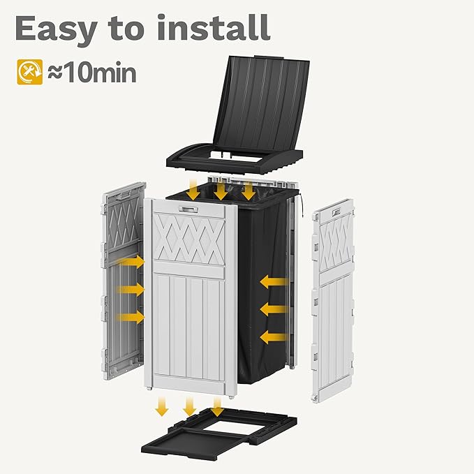 DWVO 36-Gallon Outdoor Trash Can with Fabric Bag, Tiered Lid & Drip Tray, Waterproof Resin Garbage Bin for Patio, Deck, and Backyard, White & Black-DeskLoop Office