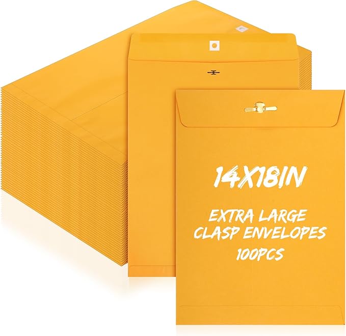 100 Pcs 14 x 18 Inch Extra Large Mailing Clasp Envelopes Jumbo Kraft Catalog Manila Envelope with Clasp Closure for Oversized Big Documents Office Home Business Legal School Storing Mailing-DeskLoop Office