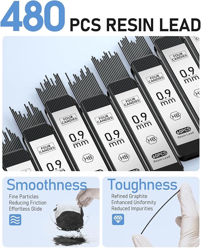 Four Candies 0.9mm Mechanical Pencil Set with Case, 3PCS Metal Artist Lead Pencil with 8 Tubes (480PCS) HB Lead Refills, 3 Erasers, 9 Eraser Refills For Engineer Art Writing Drafting, Black-DeskLoop Office