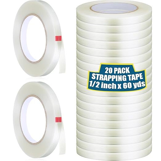 Treela 20 Rolls 1/2 Inch x 60 Yards Filament Strapping Tape Transparent Reinforced Fiberglass 5.5 Mil Heavy Duty Packing Shipping Tape for Sealing Binding Fixing-DeskLoop Office