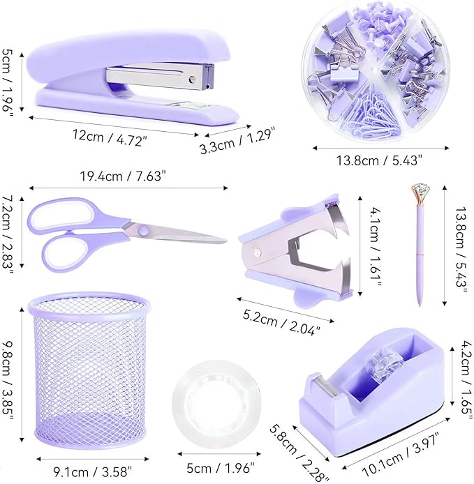 Purple Desk Accessories, Pink Office Supplies Set with Stapler, Tape Dispenser, Staple Remover, Pen Holder, Scissor, Binder/Paper Clips, Ballpoint Pen, Clear Tape and 1000pcs Staples-DeskLoop Office