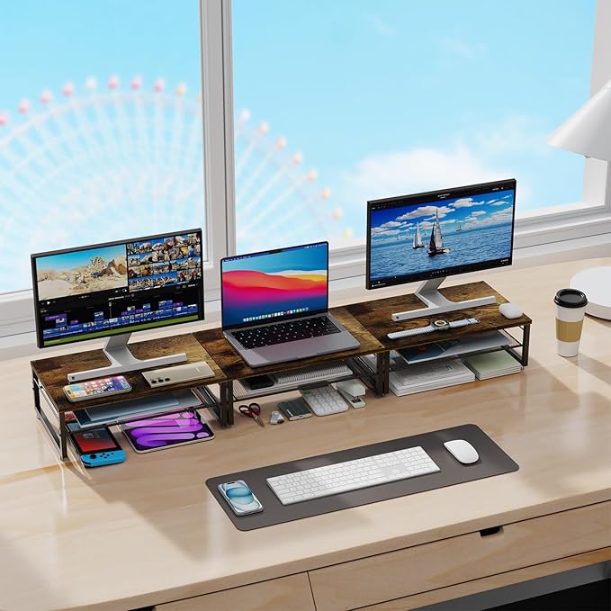 gianotter 2-Tier Metal Monitor Stand Riser, Desk Organizer for Monitor, Office Desk Storage Organizer for Office Supplies (Wood)-DeskLoop Office