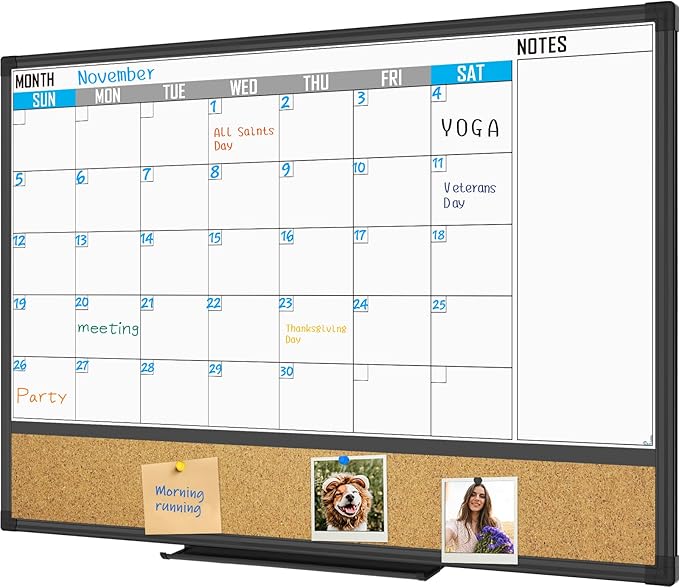 XBoard Dry Erase Calendar Whiteboard 36 X 24 - Combo White Board Calendar Monthly, Magnetic White Board + Corkboard with Black Aluminum Frame, 10 Colorful Push Pins & Marker Tray Included-DeskLoop Office