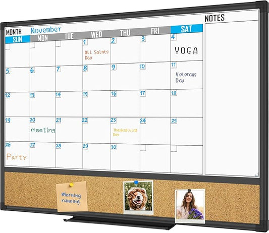 XBoard Dry Erase Calendar Whiteboard 36 X 24 - Combo White Board Calendar Monthly, Magnetic White Board + Corkboard with Black Aluminum Frame, 10 Colorful Push Pins & Marker Tray Included-DeskLoop Office