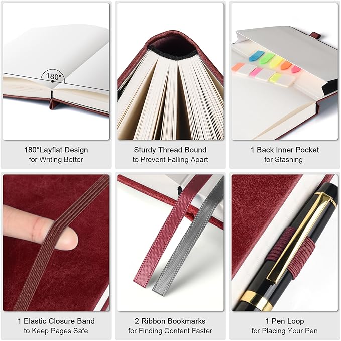 Graph Paper Notebook, 312 Numbered Pages B5 Hardcover Leather Journal, 100gsm No Bleed Grid Paper Notebook with Index Pages, Grid Notebook for Graphing Notes Math, 7.6'' X 10'', Burgundy-DeskLoop Office