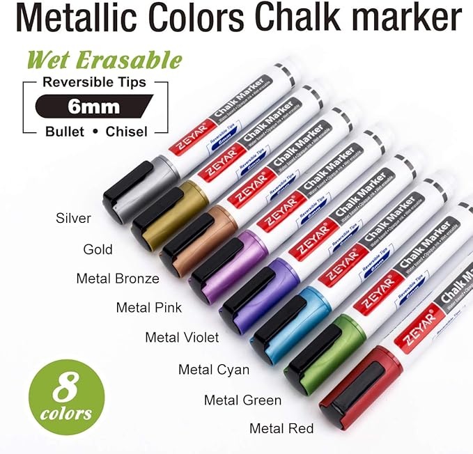 ZEYAR Liquid Chalk Marker-Wet Erase Marker, 6mm Reversible Tip-Bullet or Chisel, 8 Colors, Writes on Chalkboards, Bistro Boards, Windows and Plastic (8 Metallic Colors)-DeskLoop Office