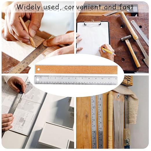 12 Inch Metal Ruler Stainless Steel Metal Ruler with Cork Backing, Non-Slip Rulers with Inch and Centimeters, Straight Edge Cork Base Rulers for Student School Office Drafting Tools-DeskLoop Office