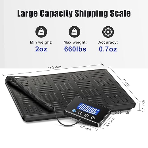 Shipping Scale, 660lbs Heavy Duty Digital Luggage Scale for Packages, 0.35oz High Accurate Postage Scale for Small Business, Warehouse, Home Use, Battery & Charging Cable Include-DeskLoop Office