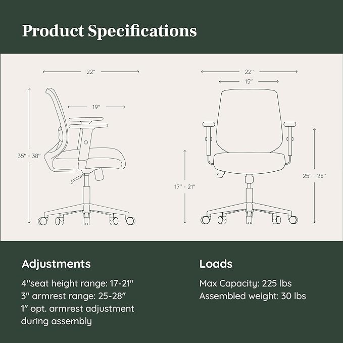 Branch Daily Chair - Computer Office Chair with Swivel, Lumbar Rest, and Adjustable Armrests - Sustainable, Stylish Mesh, & Adjustable Armrests - Comfortable Seating for Improved Posture - Green-DeskLoop Office