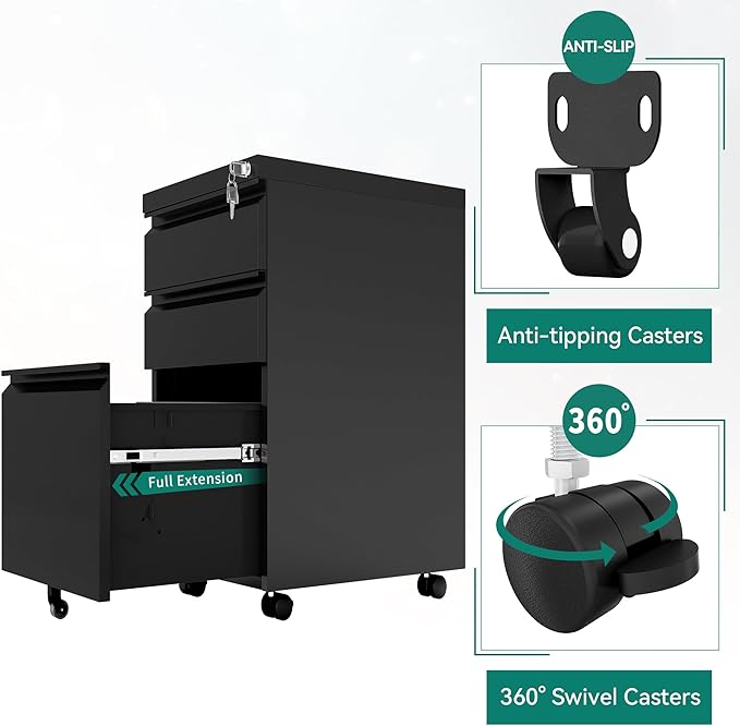 YITAHOME 3 Drawer File Cabinet with Lock, 20” Deep Office Vertical Files, Mobile Metal Filing Cabinet, Metal Vertical Filing Storage Cabinet for Letters/Legal/A4 Size,Black-DeskLoop Office