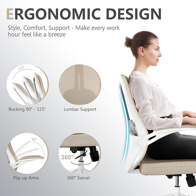 Office Chair, Ergonomic High Back Comfy Desk Chairs and Flip-up Armrest Lumbar, Swivel Tilt Function Backrest Computer Chair,PU Rolling Wheels Capacity 350LBS (Khaki)-DeskLoop Office