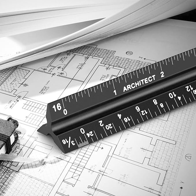 12" Architectural Scale Ruler Aluminum Architect Scale Triangular Scale Ruler for Architects, Draftsman, Students and Engineers, Black-DeskLoop Office