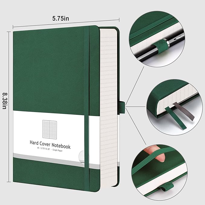 AHGXG Graph Paper Notebook - 320 Pages Grid Notebook Thick Journal A5, 100gsm Thick Graph Paper, Leather Hardcover, Inner Pocket,5.75'' × 8.38''- Green-DeskLoop Office