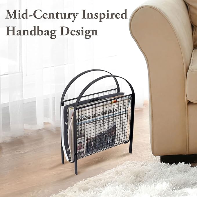 MyGift Mid-Century Design Magazine Rack, Matte Black Tone Metal Mesh Freestanding Magazine Organizer Holder Sling-DeskLoop Office