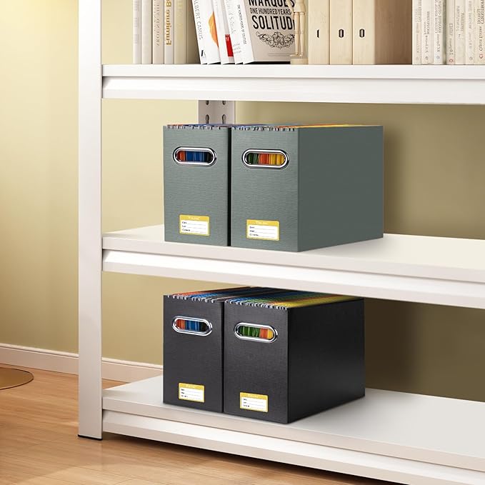 BALEINE File Organizer Box, Cardboard File Folder Organizer with Handle for Letter Size, Portable Collapsible Hanging Filing Box for Home Office Document Storage (4 Pack, Grey)-DeskLoop Office