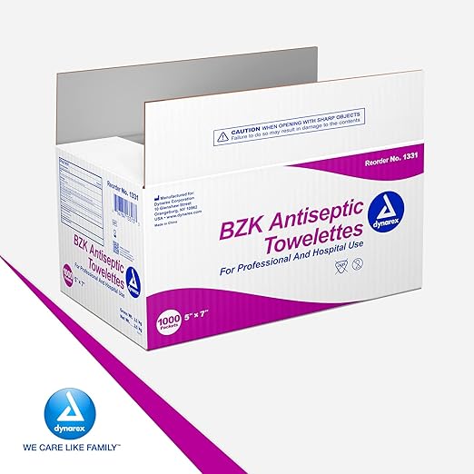Dynarex BZK Antiseptic Towelettes - 5"x7" - Benzalkonium Chloride, Hand Sanitizing Wipes or First Aid Wound Wipes, 1 Case of 1000 (Packaging May Vary)-DeskLoop Office