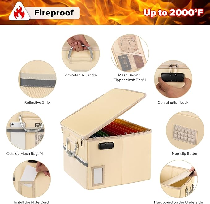 TOMKID Fireproof Document Box, Fire Proof Safe Box for Home Document Organizer with Lock, Fire Office Storage Cabinet for Hanging Letter/Legal Folder 16.1 x 12.9 x 11in (Off-white)-DeskLoop Office
