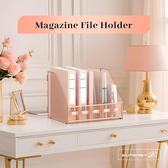 SUPEASY Desk Organizers Metal Desk Magazine File Holder with 5 Vertical Compartments Rack File Organizer for Office Desktop, Home Workspace, Rose Gold, Plus-DeskLoop Office