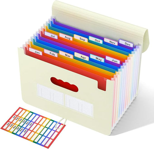 ABC life 12-Pocket Expandable Accordion File Organizer for Monthly Bills & Receipts - Portable A4/Letter Size Document Holder with Colored Tabs - Ideal for Home, Office & Travel Folder- Beige Color-DeskLoop Office