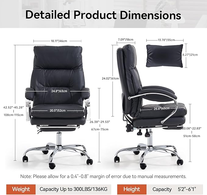 LEAGOO Reclining Office Chair with Foot Rest, Executive Office Chairs with Arms, Ergonomic High Back PU Leather Comfy Swivel Computer Desk Chairs with Wheels and Lumbar Support for Home Office, Black-DeskLoop Office