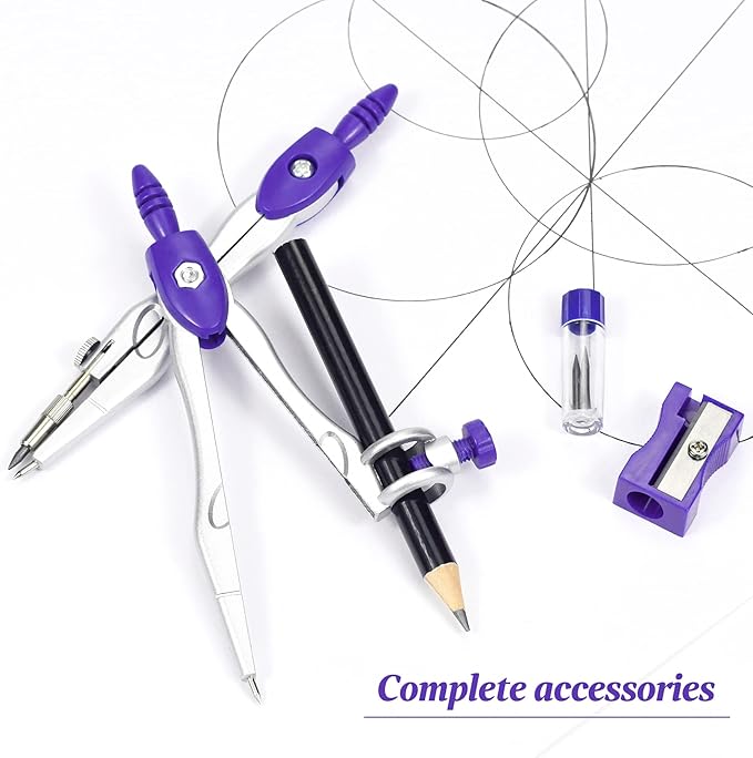 Math Geometry Kit Sets 10 Piece Student Supplies with Shatterproof Storage Box,Includes Rulers,Protractor,Compass,Eraser,Pencil Sharpener,Lead Refills,Pencil,for Drafting(Purple)-DeskLoop Office
