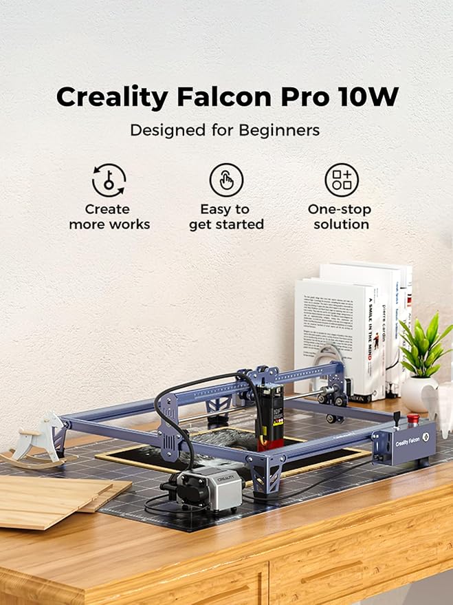 Creality 10W Laser Engraver, Falcon Pro with 3-in-1 Laser for Wood Engraving, 72W Efficient Laser Engraving Machine Fit, for Wood, Metal, Paper, Acrylic, Leather, Glass Tumbler Ring, 17" x 16"-DeskLoop Office