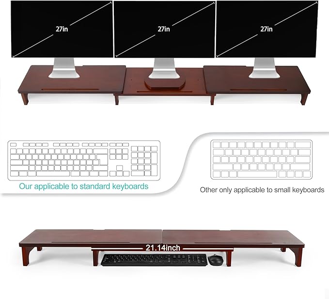 Nnewvante Large Dual Monitor Stand Riser, 60 inch Bamboo Monitor Stand with Adjustable Length and Angle, 3 Shelves Desktop Screen Riser for Computer Laptop PC, Walnut-DeskLoop Office