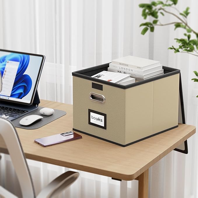 Huolewa Portable Leather File Organizer Boxes with Lids, Office Document Boxes Organizer, Filing Boxes, Decorative Small File Boxes for Hanging Files with Plastic Slide for Office/Decor/Home-DeskLoop Office