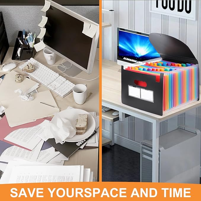 Accordion File Organizer, 24 Pockets Expanding File Folders, Portable Letter A4 Size Filing Box with Colored Labels and Expandable Cover, Monthly Bill Receipt Documents Organizer Black-DeskLoop Office